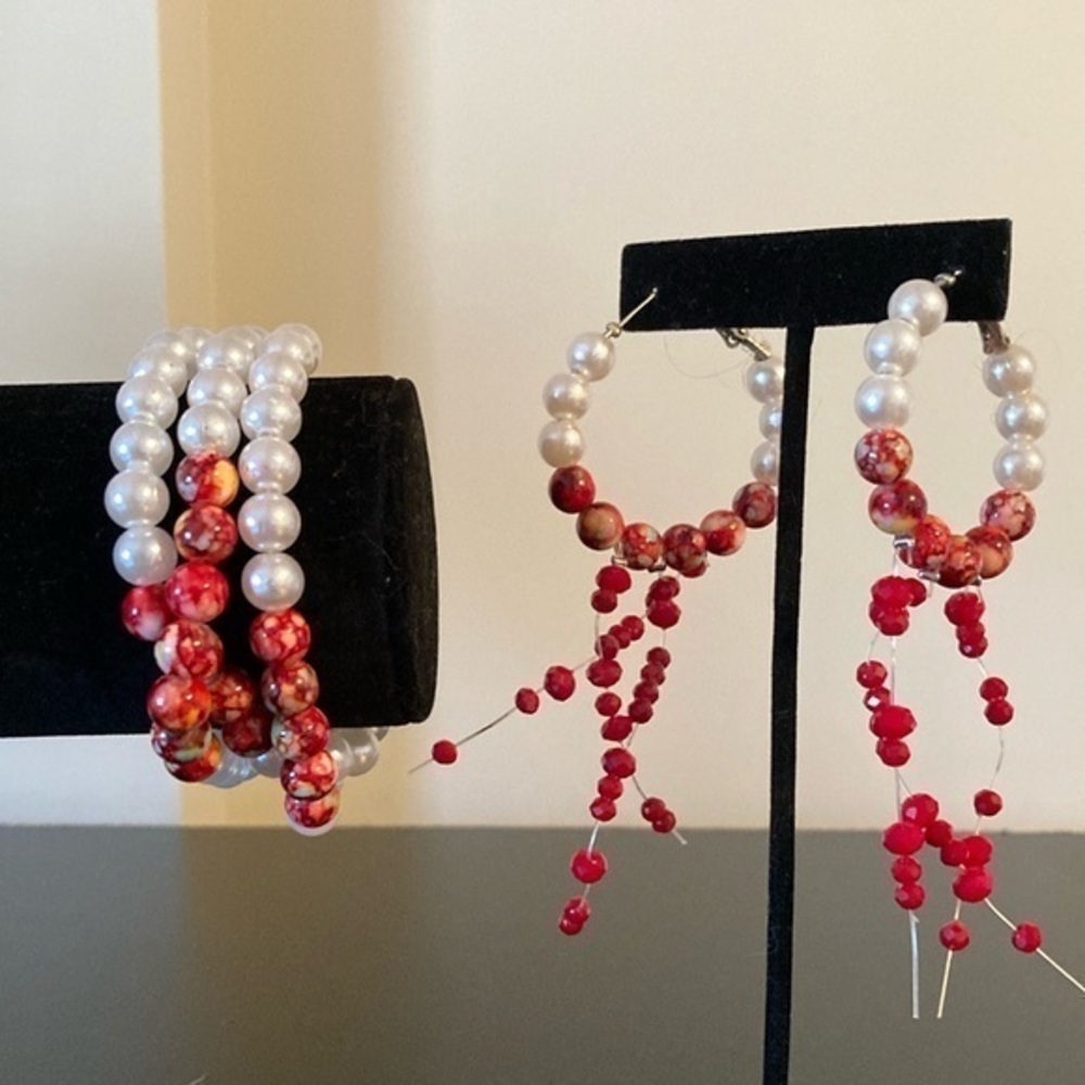 Elegant Pearl and Red Bead Jewelry Set